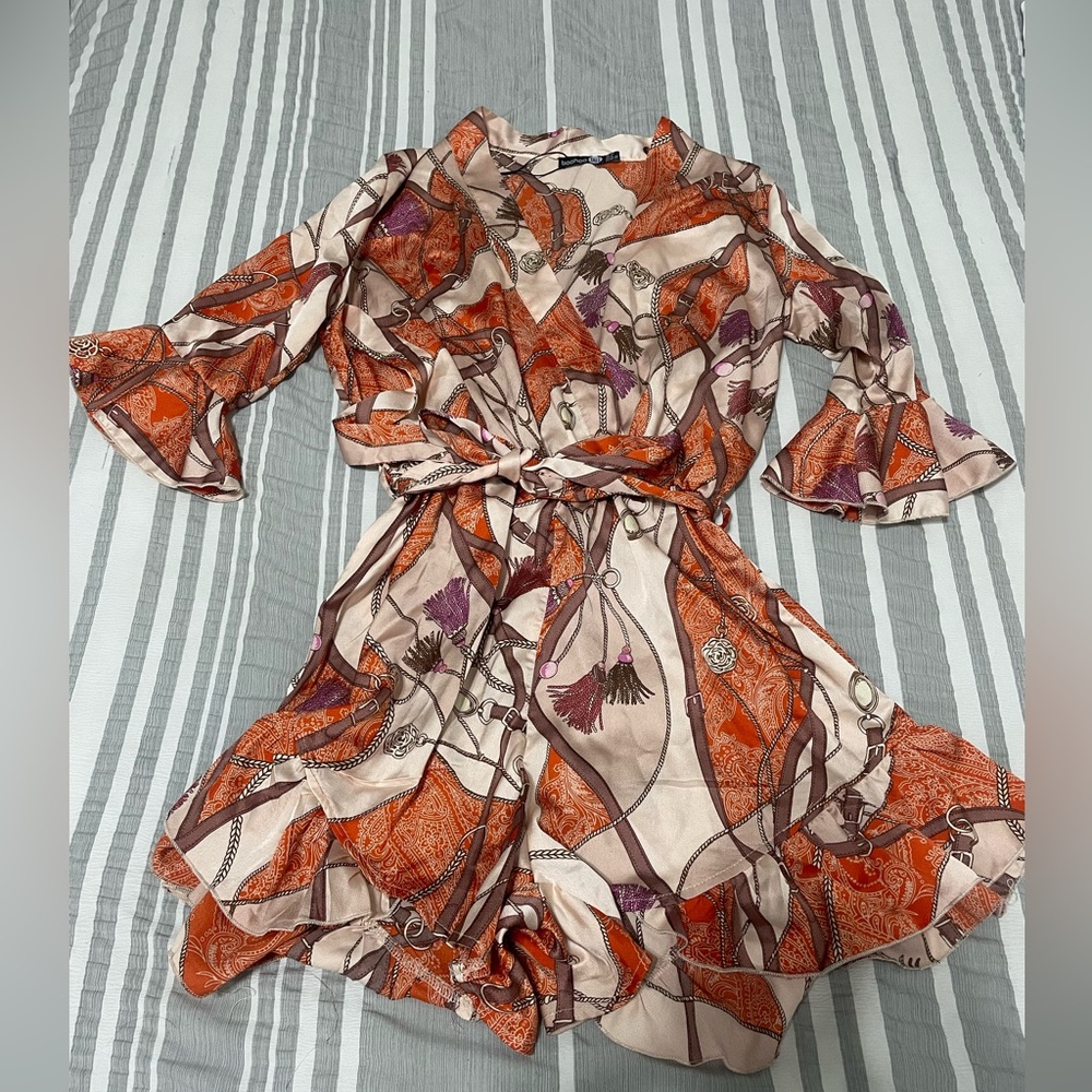 Orange Detailed Romper, Tie Around Waist, Bell Sleeve Detail, Tall Size 6